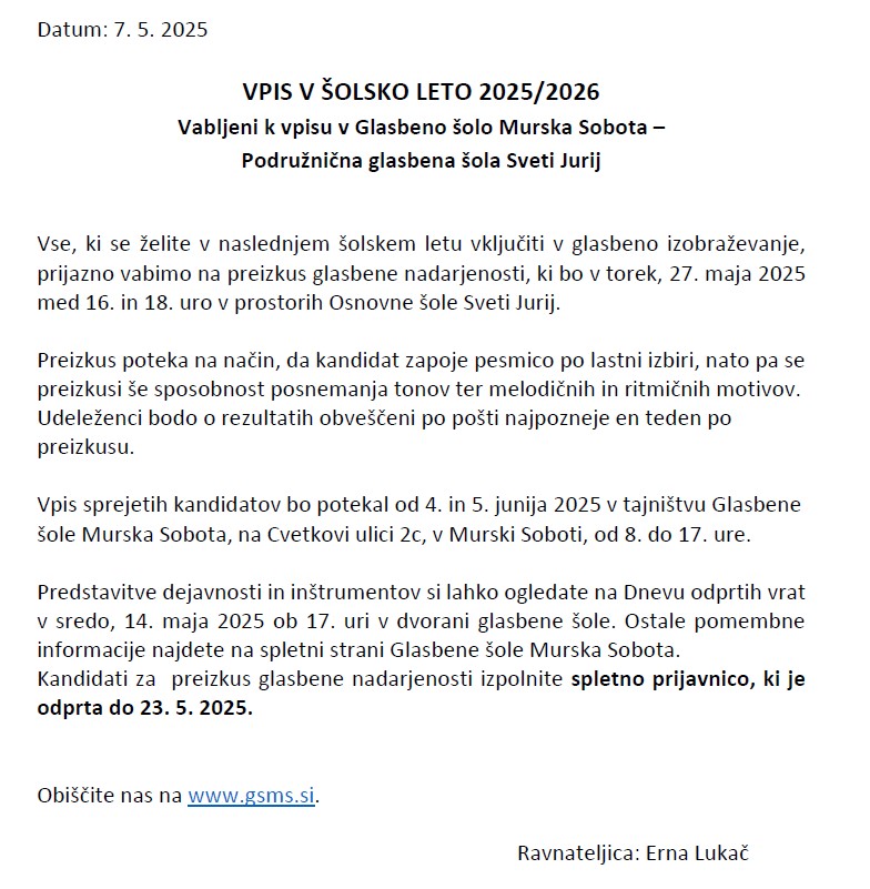 VPIS GLASBENA ŠOLA